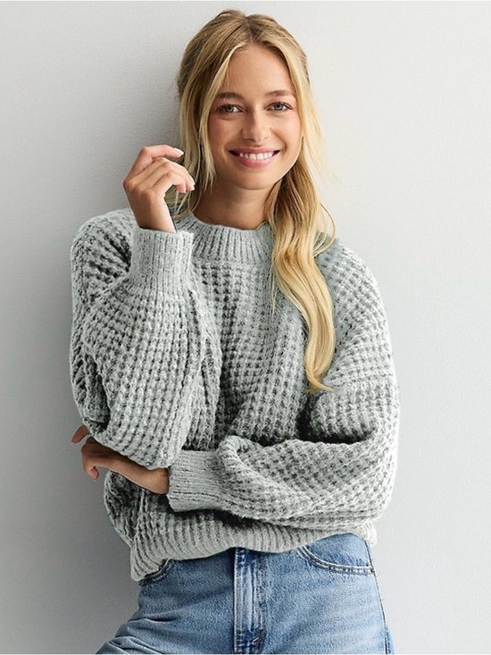 SO Sweaters - SO Light Gray Soft Waffle Knit Crewneck Sweater with Bubble Sleeve